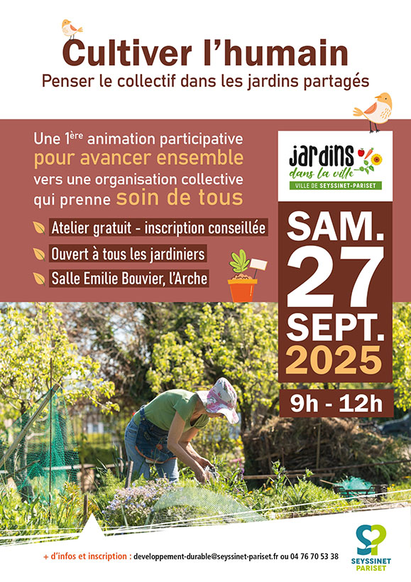 Affiche avec photo d'une dame cultivant dans un jardin partagé