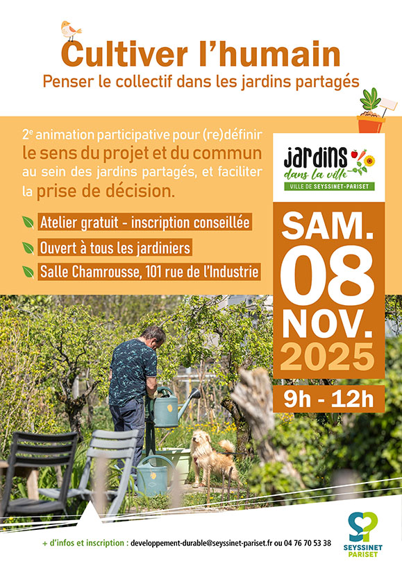 Affche avec un photo d'un homme dans un jardin partagé